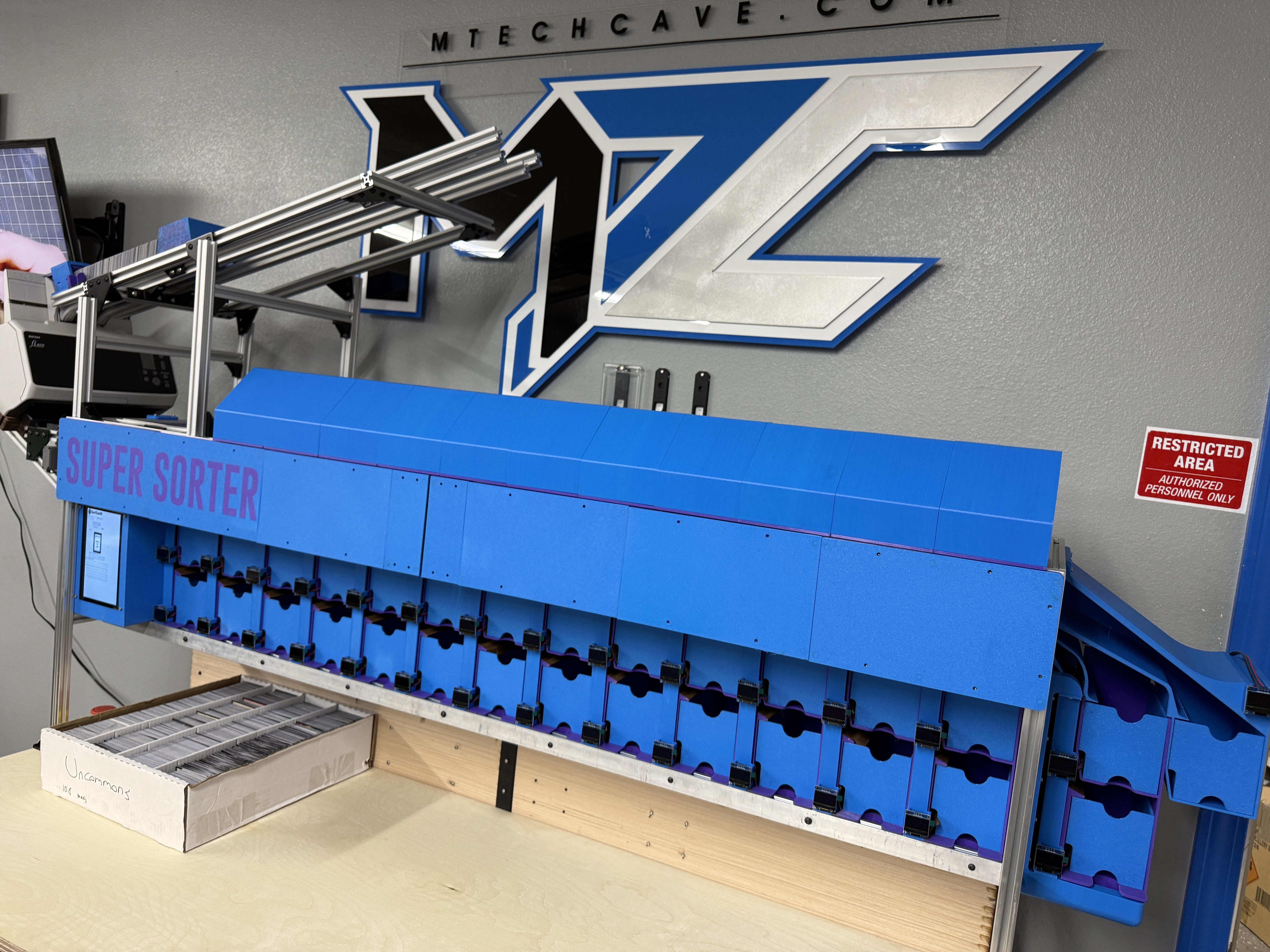 The SortSwift Super Sorter, a 29-bin automated card sorting machine designed and built in the USA